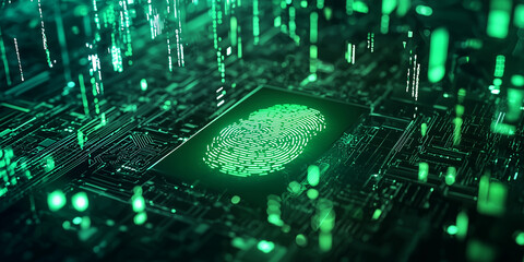 Digital fingerprint recognition with abstract technology background showcasing vibrant green colors and futuristic patterns in a data network environment