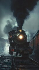Vintage Steam Train in the Rain