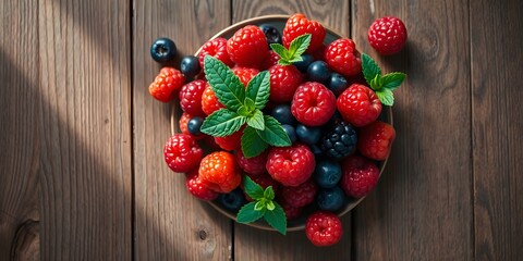 stock photo overhead view of assorted fresh berries, mint leaves on rustic wood. Distinct split high contrast low key lighting, ample copy space.