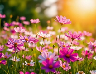 Cosmos Flower Field at Sunset: A Serene Summer Meadow