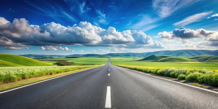 Asphalt road stretching towards scenic rolling hills under a vibrant summer sky
