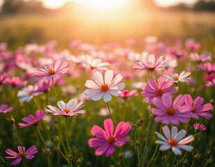 Fototapeta premium Sunset Serenity: A Field of Pink and White Cosmos Flowers