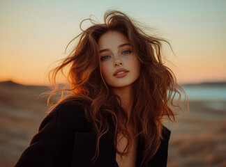 Fototapeta premium Golden Hour Portrait: Woman with Red Hair and Freckles at Sunset