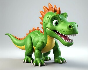 Fototapeta premium Adorable cartoon dinosaur, friendly green dragon, 3D render, happy expression, isolated on white background, perfect for children's books, games, and animation.