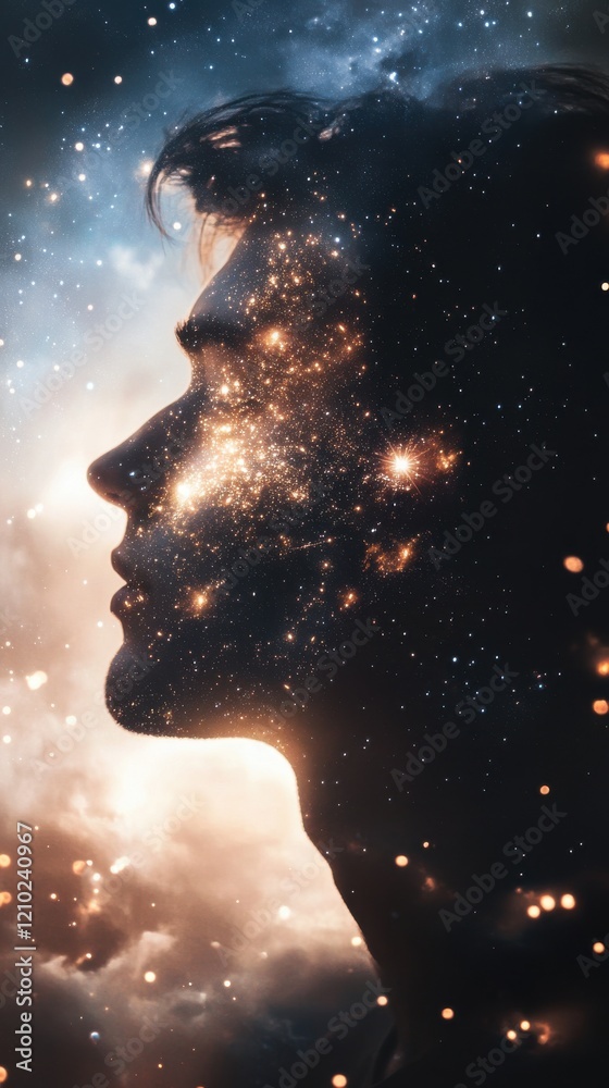 Poster Mystical profile filled with celestial patterns and cosmic elements highlighting the connection between humanity and the universe