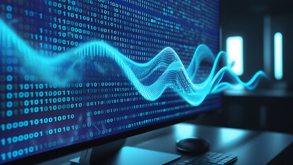 High-tech digital data flow concept with glowing binary code streams in vibrant blue, showcasing futuristic technology, data transfer, and cybersecurity on a modern computer monitor.