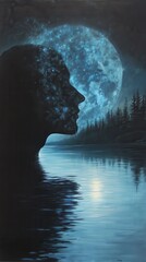 Mystical profile of a man with a cosmic landscape and full moon reflecting on tranquil waters