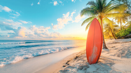 Surfboards against the backdrop of a Hawaiian beach with palm trees and a turquoise ocean.