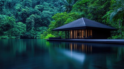 Obraz premium Tranquil lake house nestled in lush jungle, evening ambiance, relaxing getaway