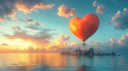 Fototapeta premium A heart-shaped hot air balloon floats over a serene ocean at sunset.