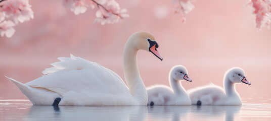 Obraz premium A family of white swans swims on the surface of a lake next to a tree with pink flowers in the background.