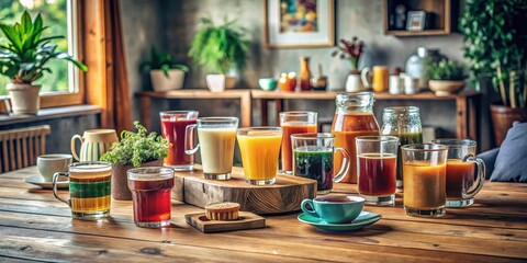 Fototapeta premium A rustic wooden table with an arrangement of row glasses and mugs filled with different types of juice, soda, and coffee, in a cozy living room setting, juice and soda,
