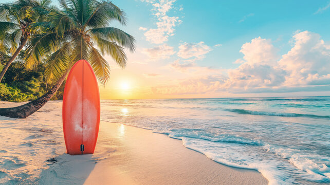 Surfboards against the backdrop of a Hawaiian beach with palm trees and a turquoise ocean.