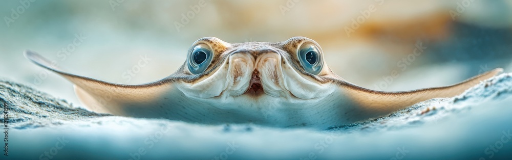 Poster close-up of a stingray pup's face highlighting its unique features in a serene underwater setting
