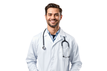 Portrait of a professional smiling doctor with stethoscope, handsome man, isolated on transparent background