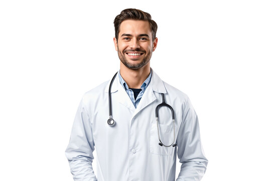 Portrait of a professional smiling doctor with stethoscope, handsome man, isolated on transparent background