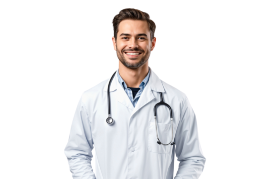 Portrait of a professional smiling doctor with stethoscope, handsome man, isolated on transparent background - Powered by Adobe
