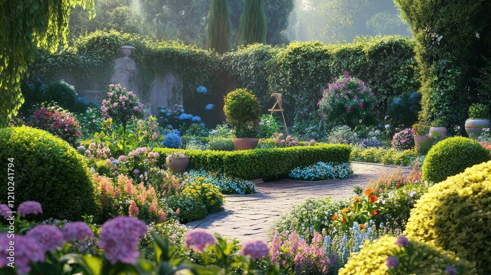 Aufkleber lush spring garden overflowing with vibrant blooms and carefully curated greenery