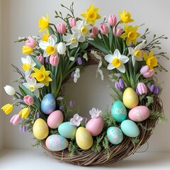 Easter Wreath with Spring Flowers, Daffodils, Tulips, Snowdrops, Hellebores, Colorful Eggs