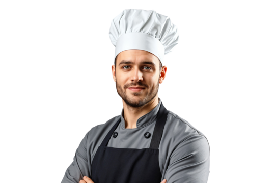 Handsome chef with a hat, smiling on face, isolated on transparent background