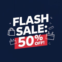 Flash Sale Announcement for Limited Time Offer Featuring 50% Discount with Shopping Bags on Dark Background Ideal for Promotions and Sales Campaigns
