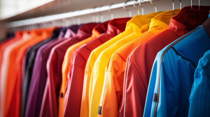 Obraz premium Bright sports jackets hanging on rack in modern wardrobe or sport fashion store