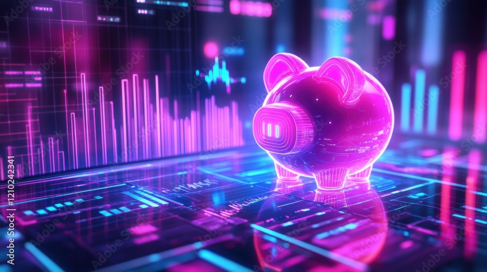 Poster Futuristic concept of savings displayed with a glowing piggy bank and digital financial data elements