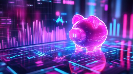 Futuristic concept of savings displayed with a glowing piggy bank and digital financial data elements