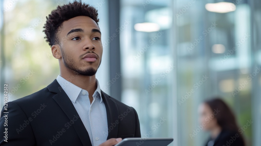 Poster young man in formal attire engages with a digital tablet in a modern office setting during daylight 