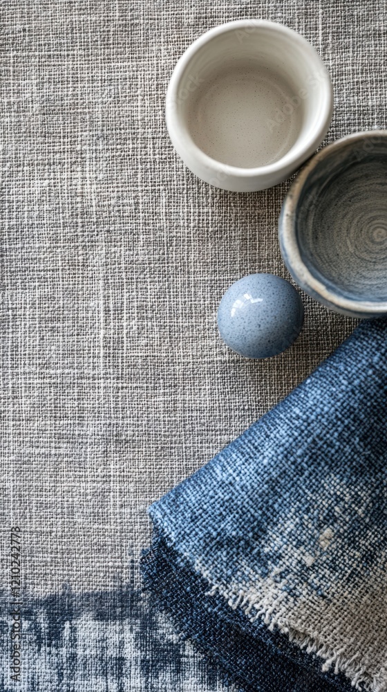 Poster dynamic burlap pattern with cool tones alongside decorative ceramic bowls and an artistic sphere