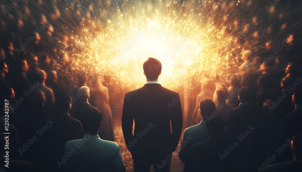 Aufkleber a confident individual standing in front of an enormous gleaming light surrounded by a crowd in a di