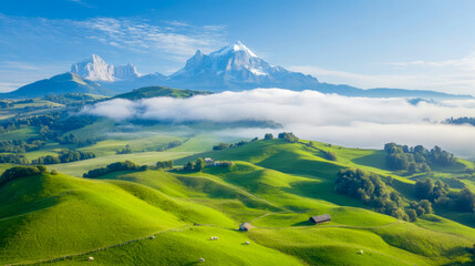 Fototapeta premium Serene Meadows with Majestic Mountain Peaks at Sunrise