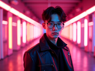 Cheerful portrait of young asian man in a colorful neon-lit corridor at night