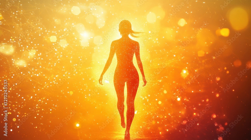 Poster woman walking through a radiant golden light surrounded by sparkling particles in a mystical setting