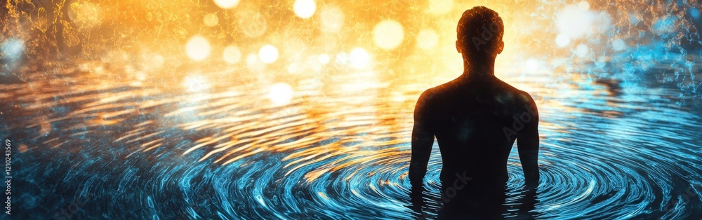 Aufkleber Conceptual representation of a man glowing in a serene water setting during twilight hours