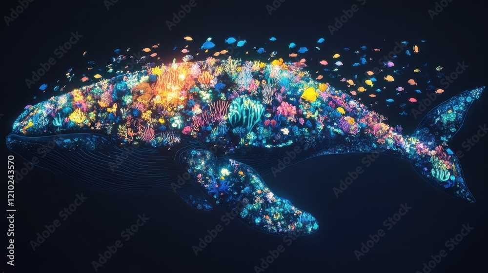 Aufkleber Conceptual visualization of a whale glowing with vibrant coral and fish in the depths of an underwater paradise