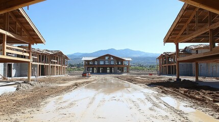 Obraz premium Construction Site Modern Building Under Construction Muddy Driveway Mountain View