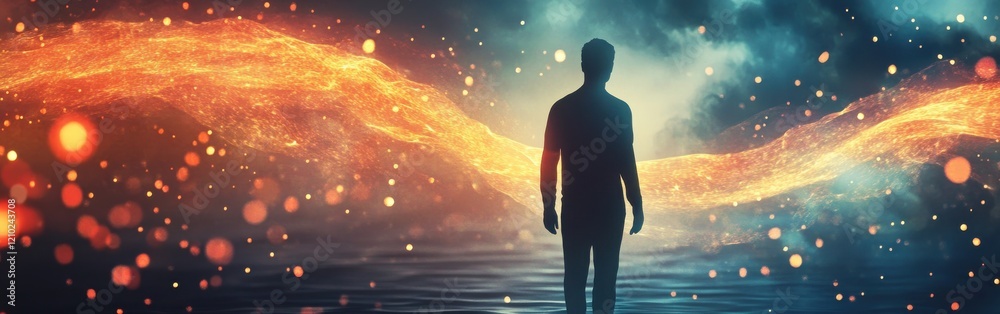 Aufkleber man surrounded by glowing lights in a mystical landscape during twilight