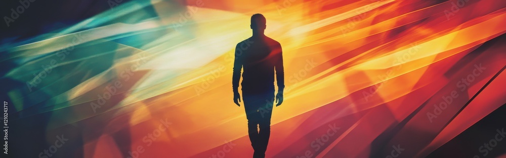 Poster conceptual representation of a glowing figure walking through vibrant colors in an abstract landscap