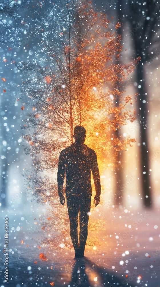 Poster conceptual representation of a glowing man walking through a snowy forest with vibrant autumn colors