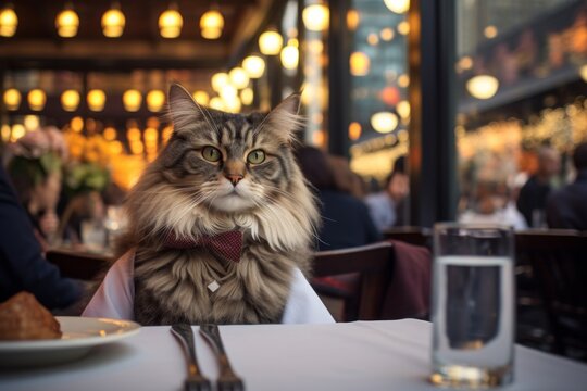 Portrait of a funny ragamuffin cat isolated on bustling restaurant background