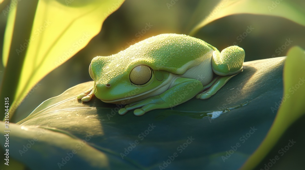 Poster close-up of a green tree frog resting on a leaf in a lush environment during daylight