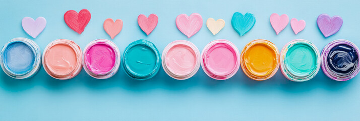 Colorful Paint Pots and Hearts on Blue Surface: Creative Art Supplies