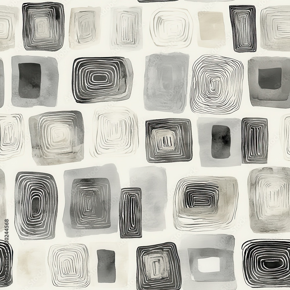 Poster calming watercolor doodle patterns showcasing harmonious gray shapes and lines suitable for soothing