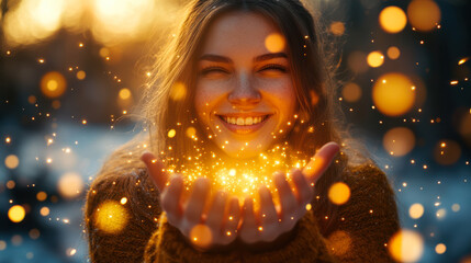 Abstract depiction of joy as a radiant golden explosion of light particles. Ethereal and dynamic atmosphere