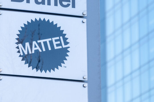 Mattel logo on modern corporate building, multinational toy manufacturing and entertainment company headquartered in Frankfurt - January, 19, 2025