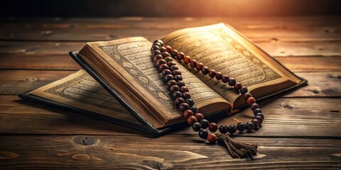 Ancient Islamic Koran manuscript laid open on a wooden desk with a rosary beads scattered around it, surrounded by dim soft light, devotional object, koran