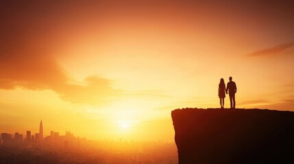 Fototapeta premium Romantic Couple Silhouetted Against Vibrant Sunset Over City Skyline