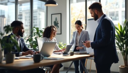 Business Meeting in Modern Office with Team Collaborating at a Wooden Table