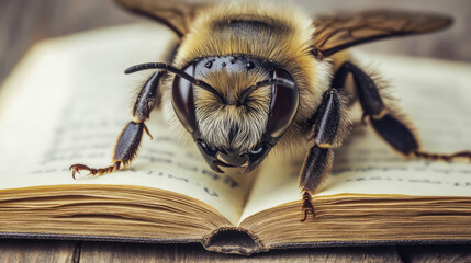Close-up of a Bee on an Antique Book: A Study in Nature and Literature